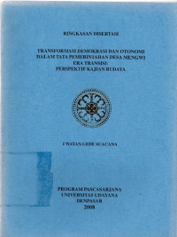 Image of Ringkasan Disertasi: Transformasi Demokrasi dan Otonomi dalam Tata Pemerintahan Desa Mengwi Era Transisi: Perspektif Kajian Budaya